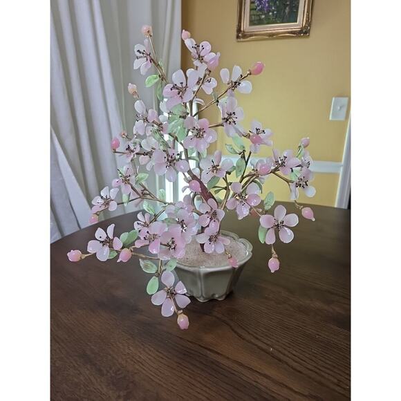 Vintage Large Mid Century Chinese Jade Glass Agate Bonsai Flower Tree 15 X 18 - Picture 2 of 16